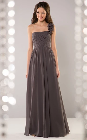 One-Shoulder A-Line Crisscrossed Bridesmaid Dress With Floral Detail