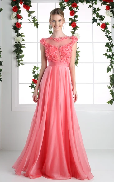 A-Line Maxi Bateau Cap-Sleeve Chiffon Illusion Dress With Flower And Pleats