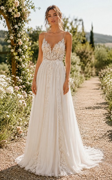 Sexy A-Line Wedding Dress Sleeveless V-Neck Lace Chiffon Floor Length Chapel Train Ivory
