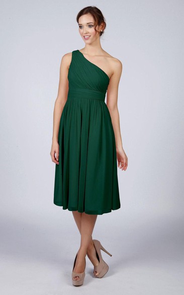 One Shoulder Pleated A-line Chiffon Tea Length Dress Forest Green