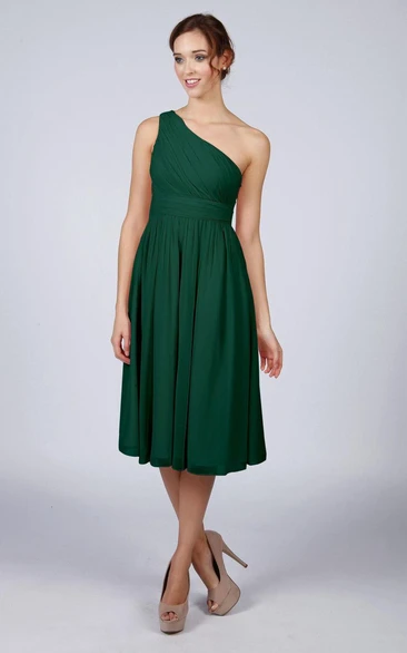 One Shoulder Pleated A-line Chiffon Tea Length Dress Forest Green
