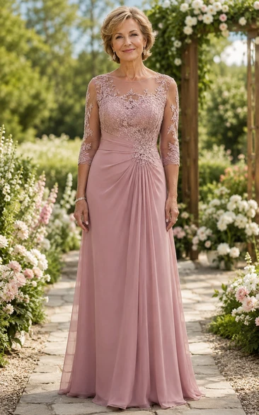 Dusty Rose Lace 3/4 Sleeve Chiffon A-Line Mother Dress