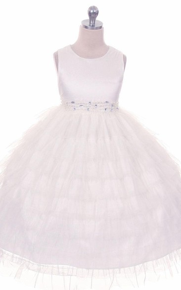 Tea-Length Beaded Tulle&Organza Flower Girl Dress With Ruffles