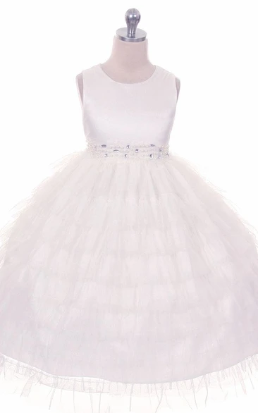 Tea-Length Beaded Tulle&Organza Flower Girl Dress With Ruffles
