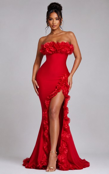 Jersey Prom Dress in Red, Strapless Mermaid Sweep Train Gown with Flower