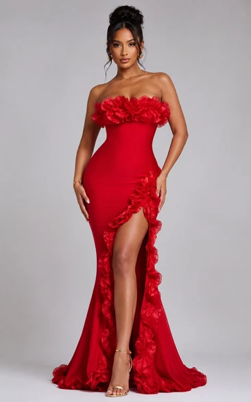 Jersey Prom Dress in Red, Strapless Mermaid Sweep Train Gown with Flower