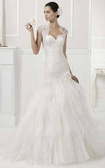 Sweetheart Mermaid Tiered Tulle Gown With Removable Lace Cap Sleeves