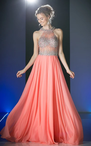 A-Line Long Scoop-Neck Sleeveless Chiffon Illusion Dress With Beading And Pleats