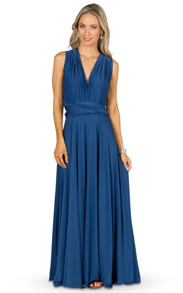 A-Line Floor-Length V-Neck Sleeveless Pleated Chiffon Convertible Bridesmaid Dress With Bow