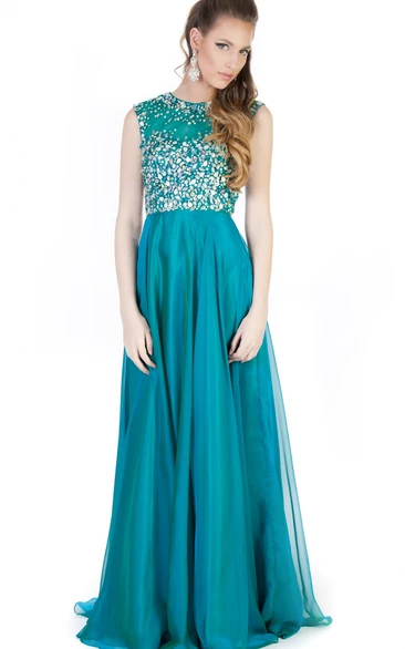 A-Line Beaded High-Neck Maxi Sleeveless Evening Dress With Pleats