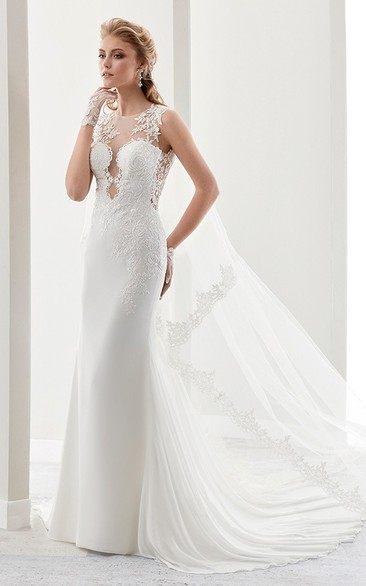 Cap Sleeve Sheath Lace Gown With Illusion Details And Court Train