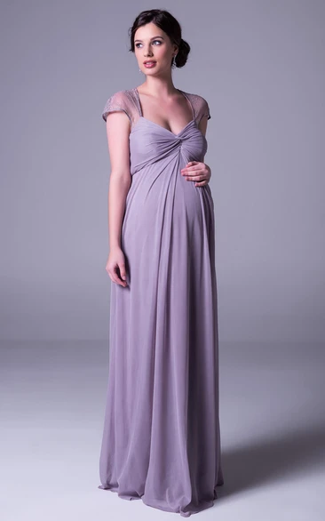 Ruched Cap Sleeve V-Neck Empire Chiffon Bridesmaid Dress With Lace And Keyhole