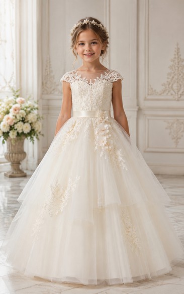 Princess Ball Gown Floor Length Cap Sleeve Tulle Lace Flower Girl Dress with Ivory lace bodice with illusion back and full tulle