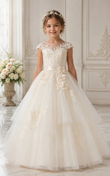 Princess Ball Gown Floor Length Cap Sleeve Tulle Lace Flower Girl Dress with Ivory lace bodice with illusion back and full tulle