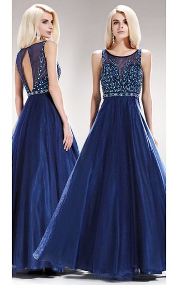 A-Line Maxi Scoop-Neck Sleeveless Satin Keyhole Dress With Beading