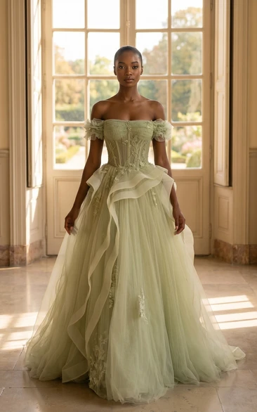 Sage Green Off Shoulder Ball Gown Prom Dress with Ruffle Tulle Skirt
