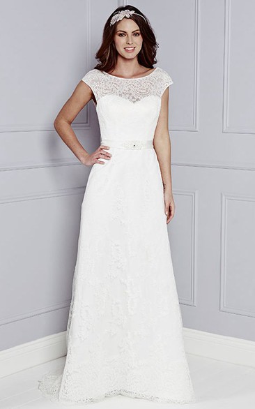 Floor-Length Cap-Sleeve Bowed Scoop-Neck Lace Wedding Dress
