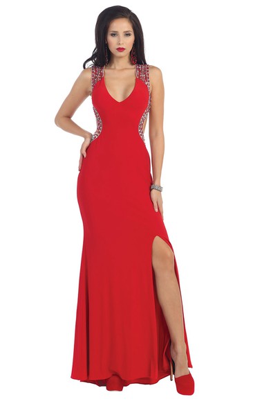 Sheath Long V-Neck Sleeveless Jersey Keyhole Dress With Split Front And Beading