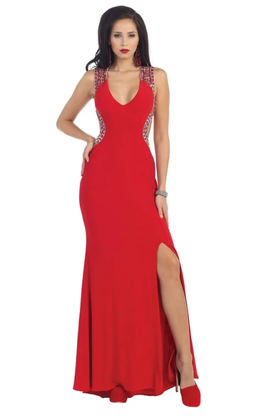 Sheath Long V-Neck Sleeveless Jersey Keyhole Dress With Split Front And Beading
