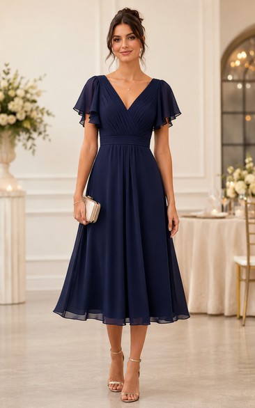 Dark Navy V-Neck Flutter Sleeve Chiffon Midi Dress