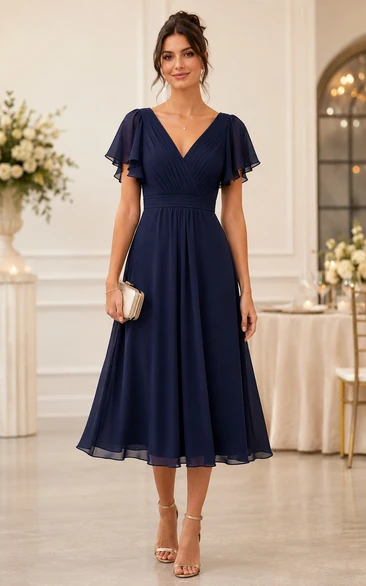 Dark Navy V-Neck Flutter Sleeve Chiffon Midi Dress