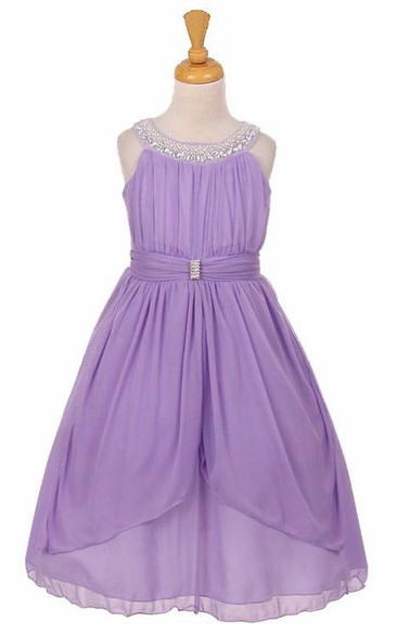 Peplum Tea-Length Tiered Pleated Chiffon&Tulle Flower Girl Dress With Ribbon