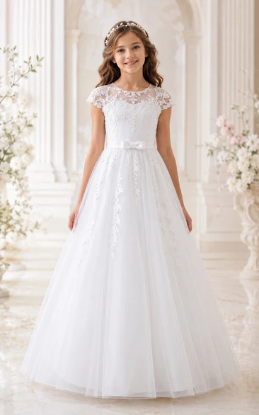A-Line Cap Sleeve Lace Illusion Tulle First Communion Dress