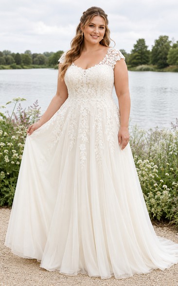 Plus Size Brautkleid in A-Linie mit kurzen Ärmeln aus Spitze und V-Ausschnitt am Rücken