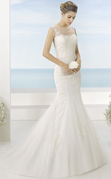 Trumpet Bateau Long Sleeveless Appliqued Lace Wedding Dress With Court Train And Illusion Back