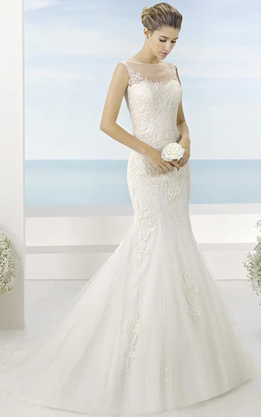 Trumpet Bateau Long Sleeveless Appliqued Lace Wedding Dress With Court Train And Illusion Back