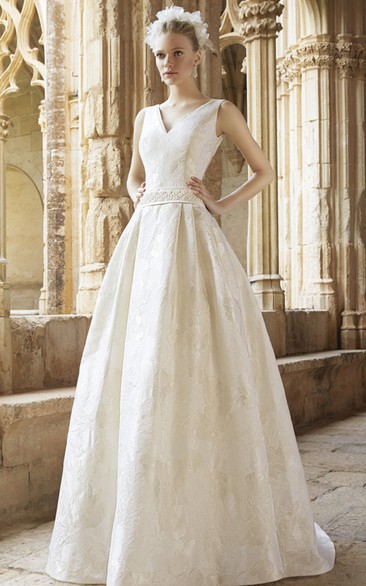 Long V-Neck Jeweled Lace Wedding Dress With Sweep Train And V Back