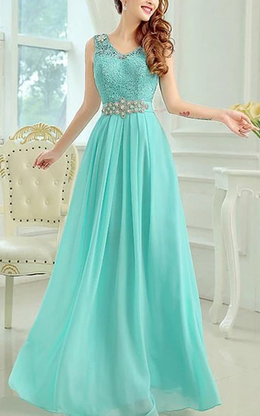 Romantic V-Neck A-Line Floor-Length Lace Prom Dress