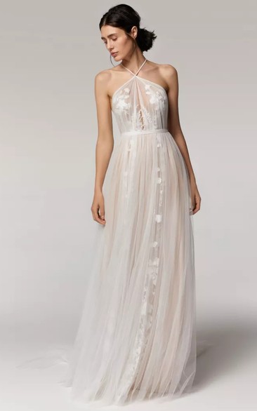Halter Sleeveless Tulle Empire Pleated Boho Wedding Dress with Applique
