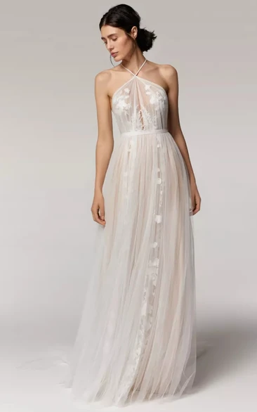 Halter Sleeveless Tulle Empire Pleated Boho Wedding Dress with Applique