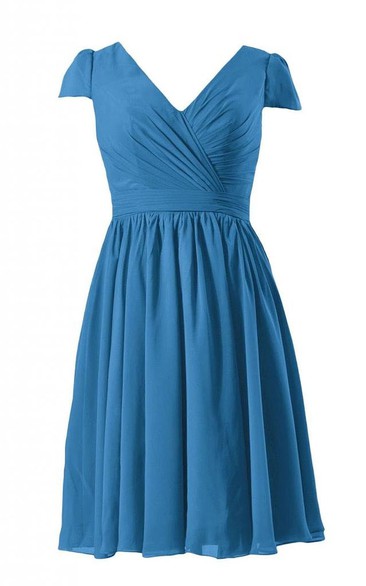 Short Sleeve V-neck Short Pleated Chiffon Dress