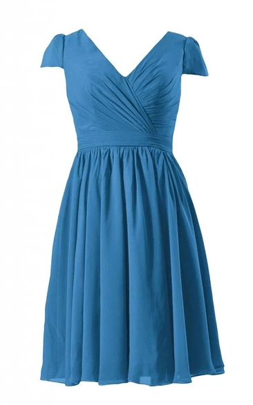 Short Sleeve V-neck Short Pleated Chiffon Dress
