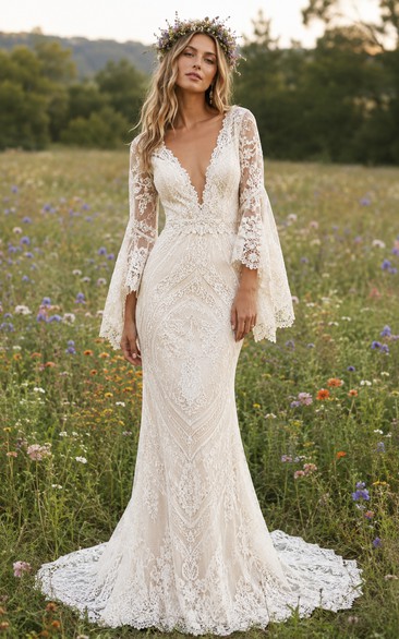Sexy Mermaid Wedding Dress Long Bell Sleeve V-Neck Lace Floor Length Chapel Train Ivory