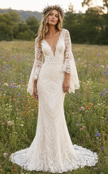 Sexy Mermaid Wedding Dress Long Bell Sleeve V-Neck Lace Floor Length Chapel Train Ivory
