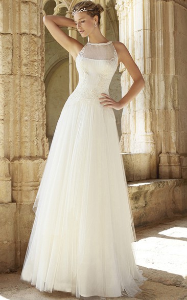 A-Line Floor-Length Jewel Appliqued Sleeveless Tulle Wedding Dress With Low-V Back And Court Train