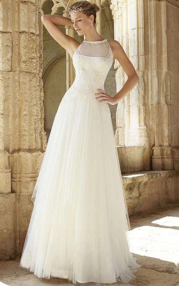 A-Line Floor-Length Jewel Appliqued Sleeveless Tulle Wedding Dress With Low-V Back And Court Train