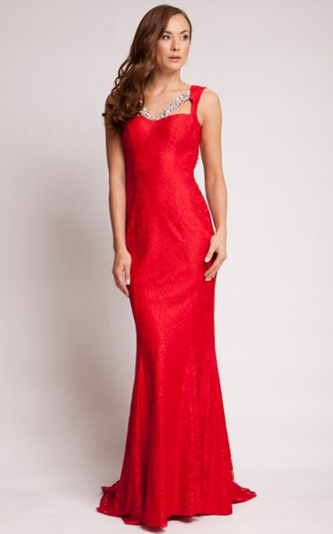 Sheath Beaded V-Neck Sleeveless Long Lace Prom Dress With Backless Style And Brush Train
