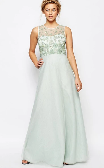 A-Line Sleeveless Scoop Neck Beaded Tulle Bridesmaid Dress With Illusion Back