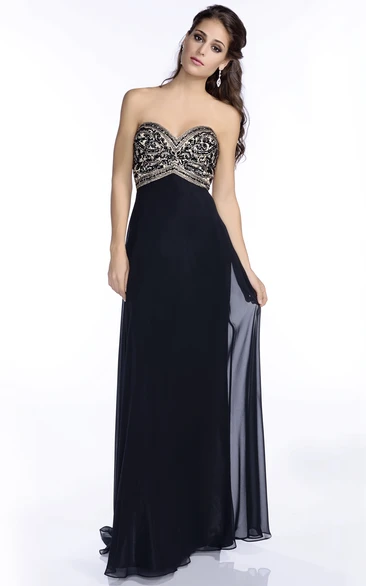 Sweetheart Column Chiffon Floor Length Prom Dress With Jeweled Bust