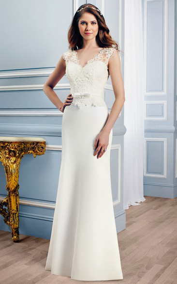 Sheath Floor-Length Appliqued Sleeveless V-Neck Satin Wedding Dress With Court Train And Illusion Back