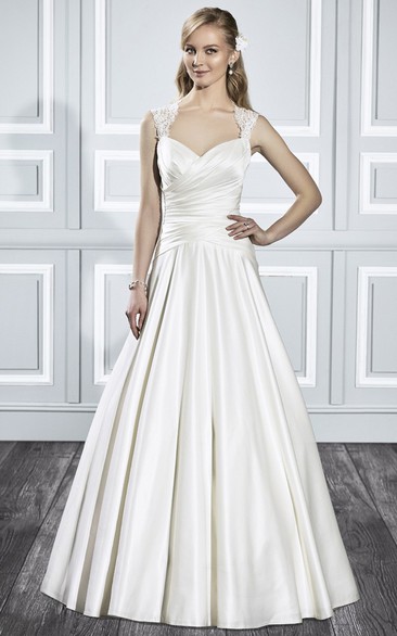 A-Line Sleeveless Queen-Anne Criss-Cross Floor-Length Satin Wedding Dress With Pleats And Illusion Back