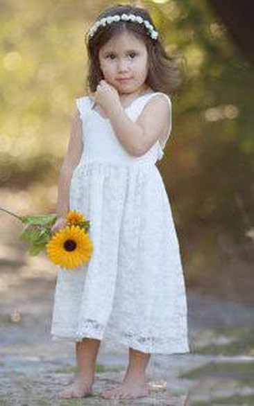 Flower Girl Empire Straps A-line Lace Midi Dress