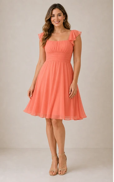Coral Ruffle Sleeve Chiffon A-Line Cocktail Dress