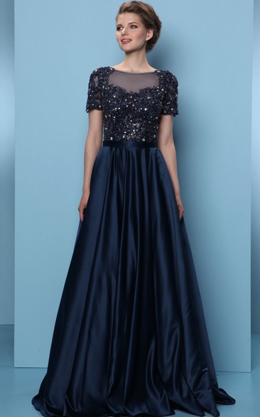 A-Line Long Short-Sleeve Crystal Scoop-Neck Satin Prom Dress With Pleats