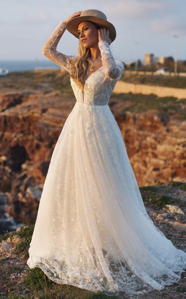 A-line Ethereal Illusion Long Sleeve Plunging Deep V-back Lace Wedding Dress