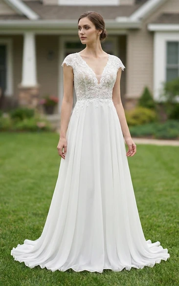 Cap Sleeve Lace & Chiffon Illusion Wedding Dress